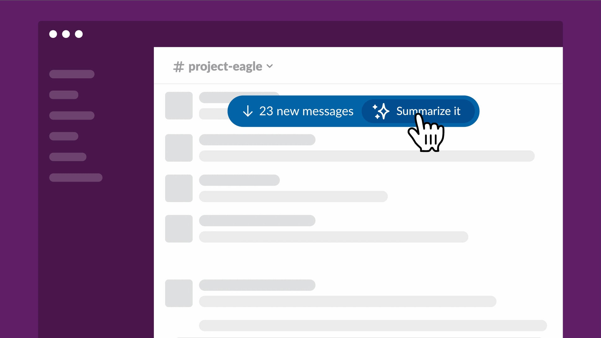 Ein Mockup-Bild des Slack-GPT-Chatbots von Slack, das einen Benutzer zeigt, der damit beginnt, einen langen Nachrichten-Thread zusammenzufassen.