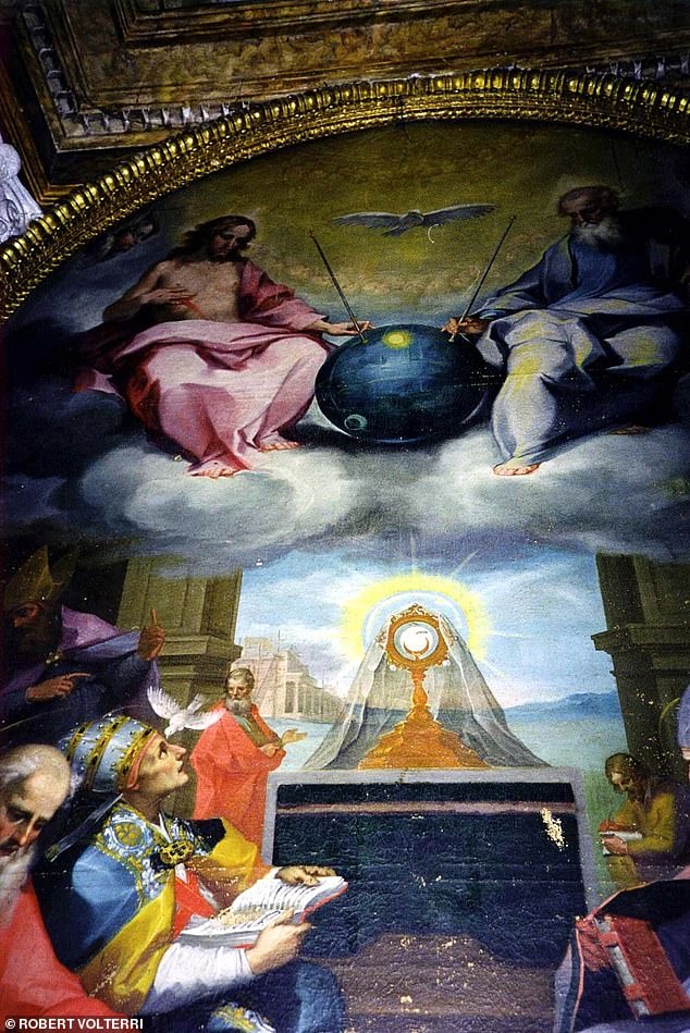 Gott und Jesus scheinen einen Sputnik-Satelliten zu halten