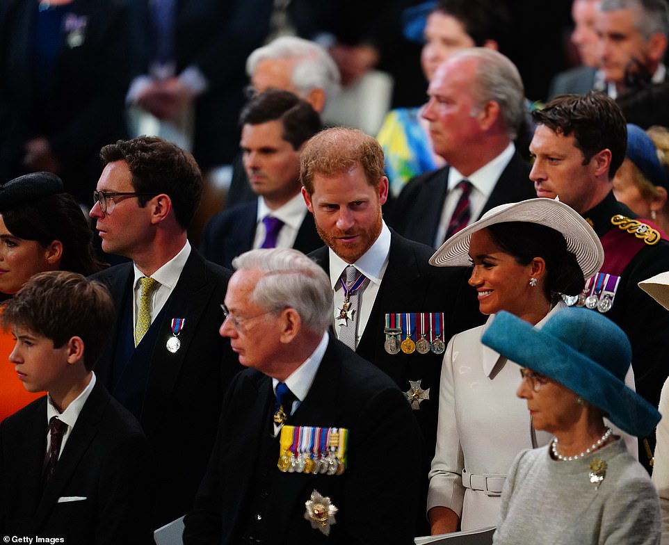 Prince Harry will be relegated to the third row with his cousins inside Westminster Abbey today for the Coronation of his father King Charles III, it has been revealed. Pictured: Prince Harry and Meghan Markle at St Paul's Cathedral in London on June 3 last year