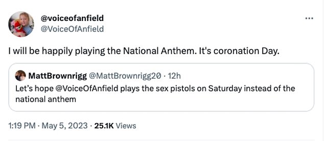 Sephton, die Stimme von Anfield, antwortete auf einen Tweet, in dem er ihn aufforderte, stattdessen den Sex Pistols-Klassiker „God Save the Queen“ zu spielen
