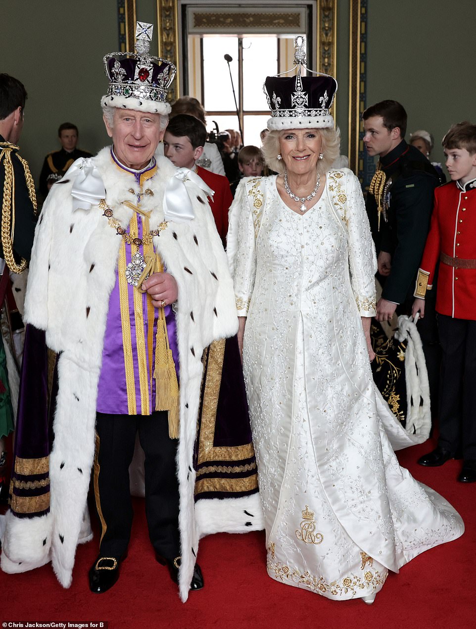 Another image released by the Palace following the Coronation today shows King Charles and Queen Camilla dressed in their regalia