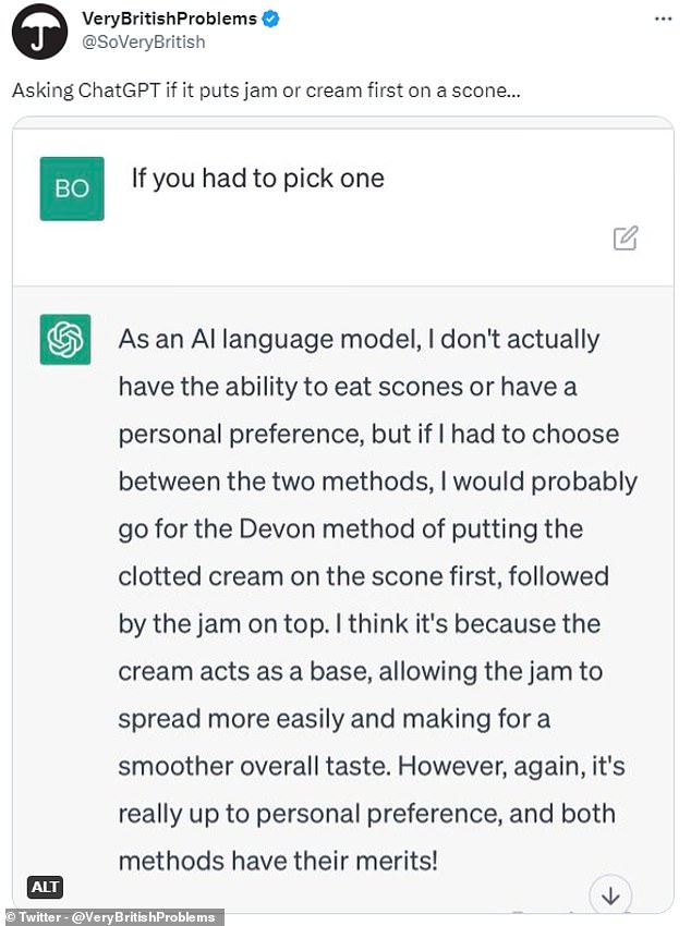 Der KI-Chatbot sagt, er würde sich für die „Devon-Methode“ entscheiden, bei der zuerst die Clotted Cream auf den Scone gegeben wird, gefolgt von der Marmelade darauf