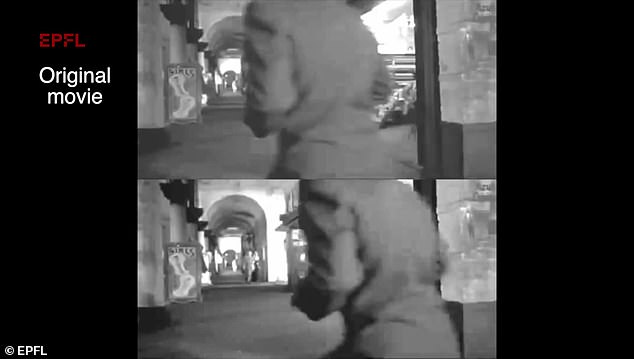 In einem Beispielvideo (oben) ist die Maus zu sehen, wie sie sich einen Schwarz-Weiß-Filmclip aus den 1960er Jahren ansieht, in dem ein Mann zu einem Auto rennt, der den Kofferraum öffnet.  Ein separater Bildschirm (unten) zeigt, was CEBRA glaubt, was die Maus ansieht, was ein nahezu identisches Video ist, wenn auch etwas fehlerhafter