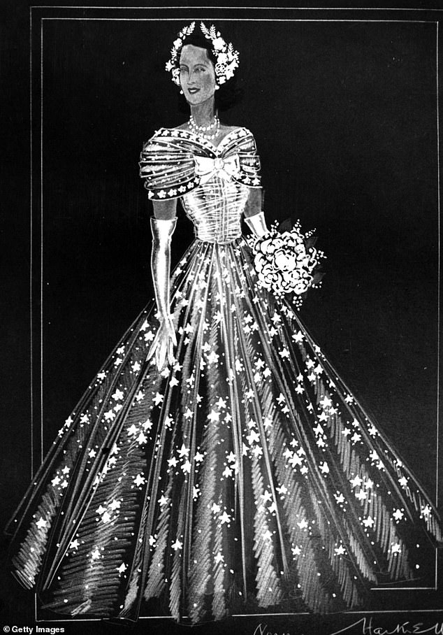 Eine Norman Hartnell-Skizze eines der Kleider, die die Brautjungfern bei der Hochzeit von Prinzessin Elizabeth im Jahr 1947 tragen sollten