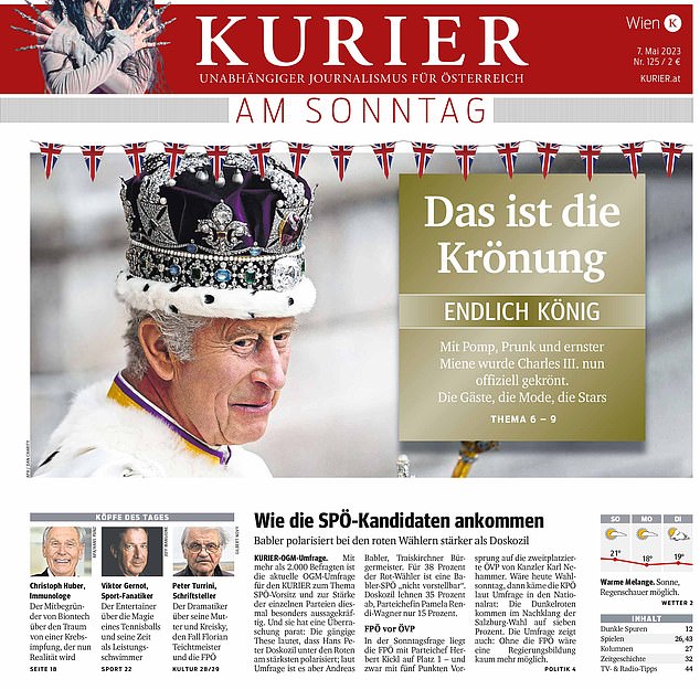 AUSTRIA: On its Sunday edition, newspaper Kurier showed a smiling Charles, along with the headline: 'This is the crowning glory'