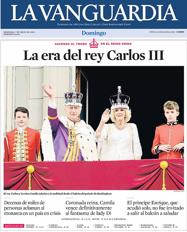 SPAIN: La Vanguardia newspaper showed Charles and Camilla waving from the balcony of Buckingham Palace after the coronation. 'The era of King Carlos (Charles) III' it said