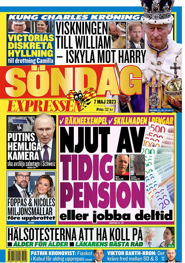 SWEDEN: Expressen, one of the two evening newspapers in Sweden, found space for Charles and the coronation across the top of its Sunday newspaper. It zeroed in on some of the royal drama on display, writing about King Charles: 'The whisper to William... Ice cold to Harry'. It also reported on Victoria, Crown Princess of Sweden, being there - saying she made a 'discreet tribute to Camilla'