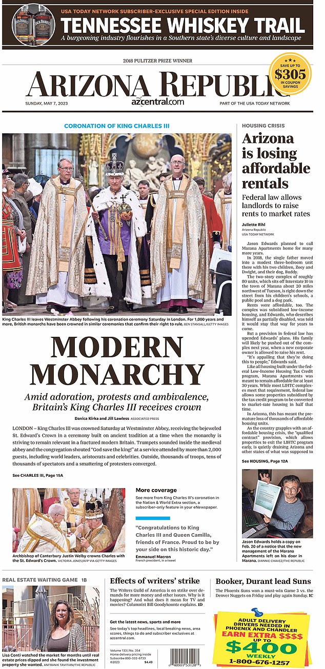 UNITED STATES: Even more localised newspaper covered the coronation, with the Arizona Republic leading with a picture of Charles walking through Westminster Abbey. Its headline read: 'Modern Monarchy'