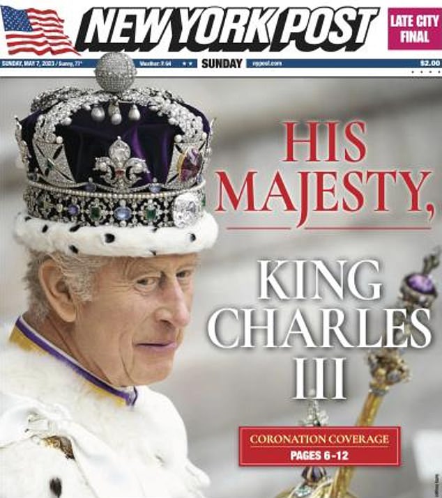 UNITED STATES: The New York Post led with a picture of a crowned Charles on its front page, with coverage of the event across six pages of the newspaper