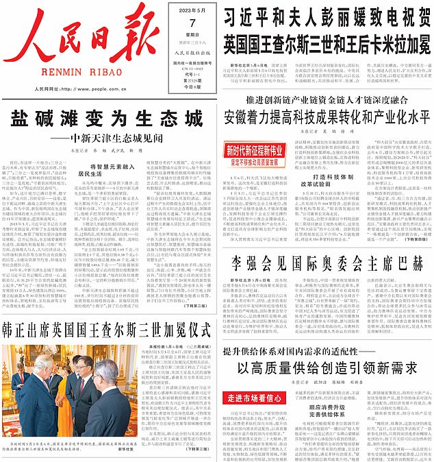 CHINA: The Renmin Ribao (People's Daily) - the official newspaper of the Central Committee of the Chinese Communist Party - used a picture of Charles meeting with Han Zheng at an event around the Coronation Ceremony on its front page on Sunday