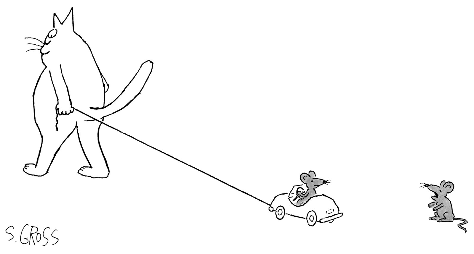 Eine Maus zur anderen, die in einem Miniaturauto sitzt, das von einer Katze gezogen wird.
