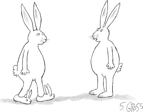 Ein Kaninchen spricht mit einem anderen Kaninchen, das Kaninchen als Schuhe an seinen Füßen trägt.