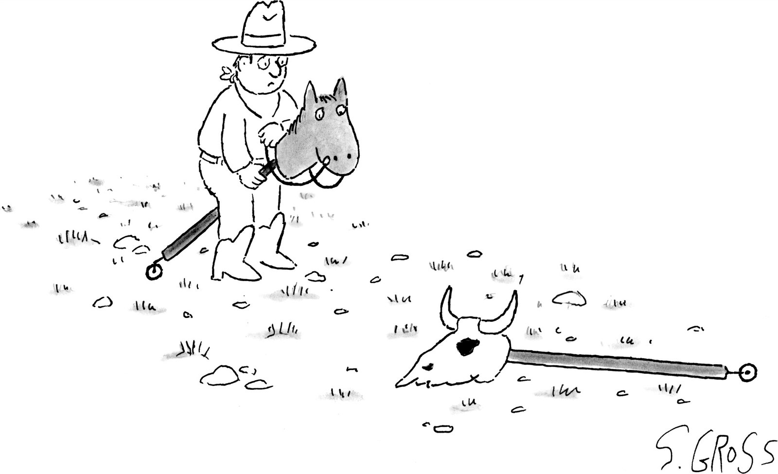 Eine Person, die auf einem Stockpferd reitet, findet einen toten Pferdestock auf dem Boden.