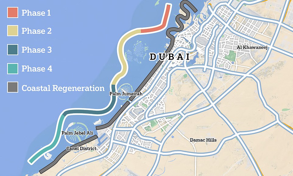 Dubai Reefs wird in Phasen gebaut und direkt vor der Küste der Stadt im Persischen Golf stationiert, wo sich bereits bestehende, von Menschenhand geschaffene künstliche Inseln befinden