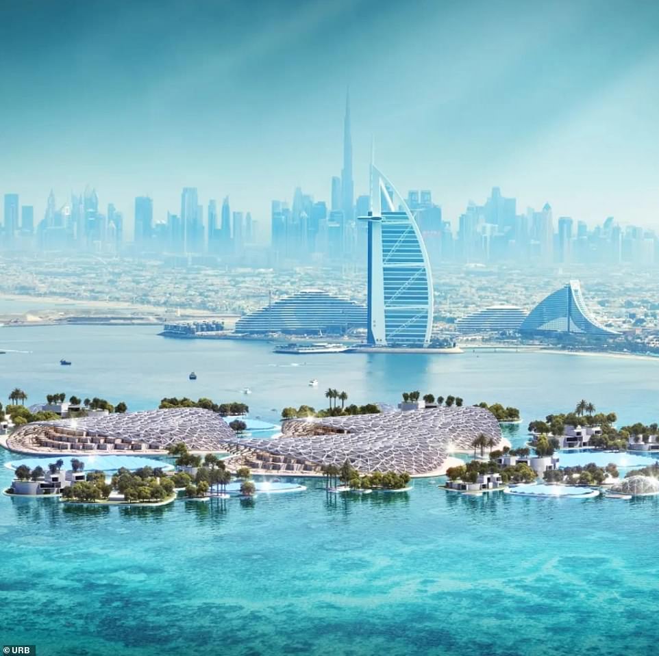 Das Konzeptbild zeigt die Dubai Reefs im Vordergrund und Dubai im Hintergrund.  Das „lebende Labor“ wird auch einen natürlichen Schutz für das nahe gelegene Dubai gegen Küstenerosion bieten, da es das Land vor den Wellen schützen wird