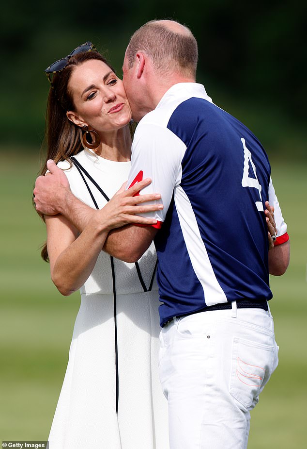 The Prince and Princess of Wales spotted kissing each other on the cheek as Kate greets William at a 2022 polo match in Windsor