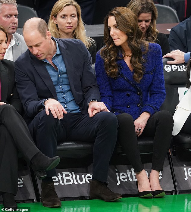 Pictured: Prince William holds Kate's hand as they sit courtside for a Boston Celtics game last year