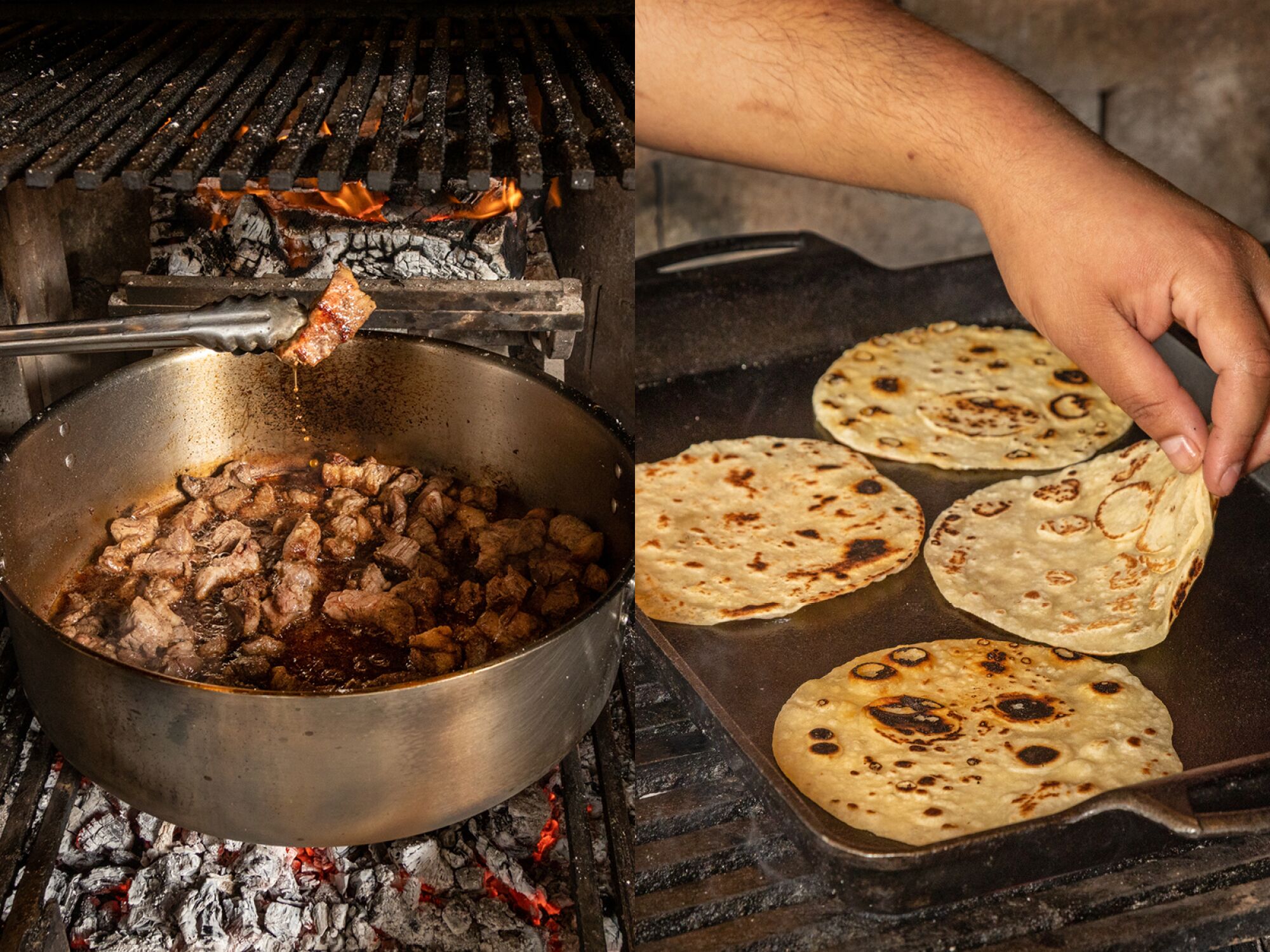 In Dunsmoor in Los Angeles werden Schweinefleischstücke in einem Topf gebräunt und ergeben einen Eintopf, gepaart mit Tortillas, die auf einer Grillplatte zubereitet werden.