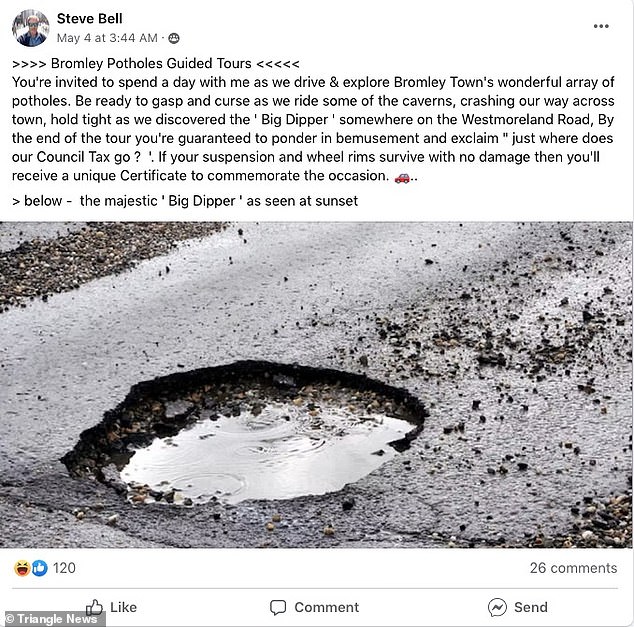 Ein offizieller Facebook-Beitrag zum Start des geführten Tourengeschäfts, in dem sein persönliches Lieblingsschlagloch namens „Big Dipper“ vorgestellt wird, das in der Nähe seines eigenen Zuhauses liegt