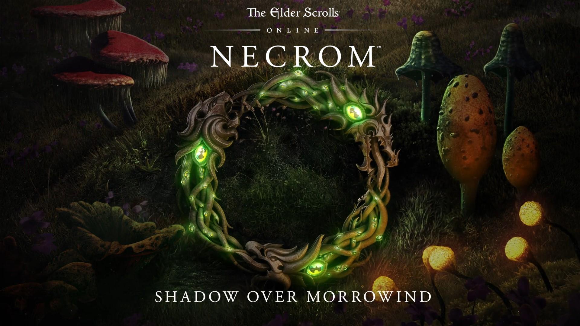 „The Elder Scrolls Online: Necrom“-Werbegrafik mit Pilzen und schlangenähnlichen Symbolen.