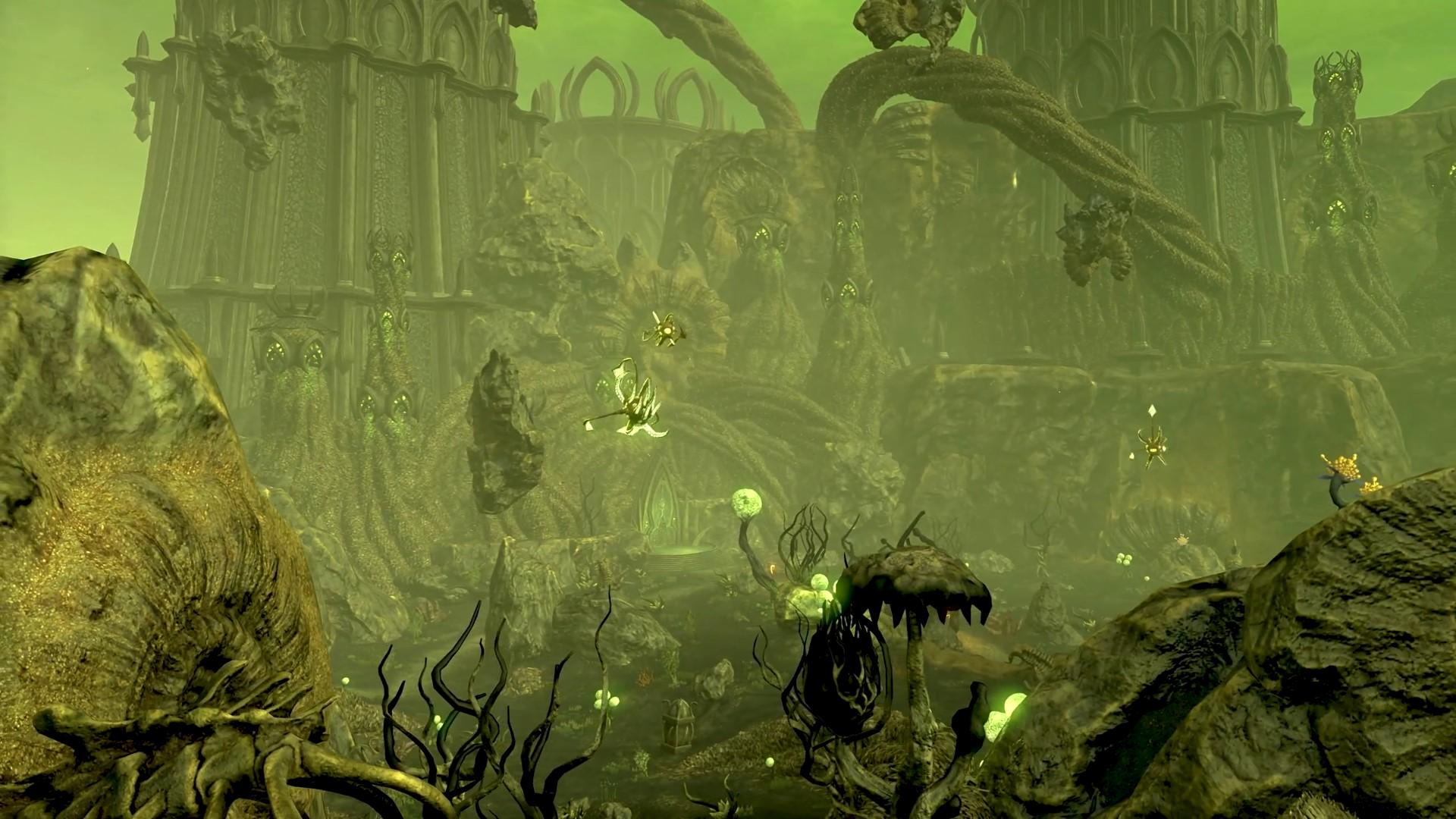 „The Elder Scrolls Online: Necrom“ Eines der fiesen Reiche der Apokryphen mit schwebenden Kreaturen und schwarzen Teichen.