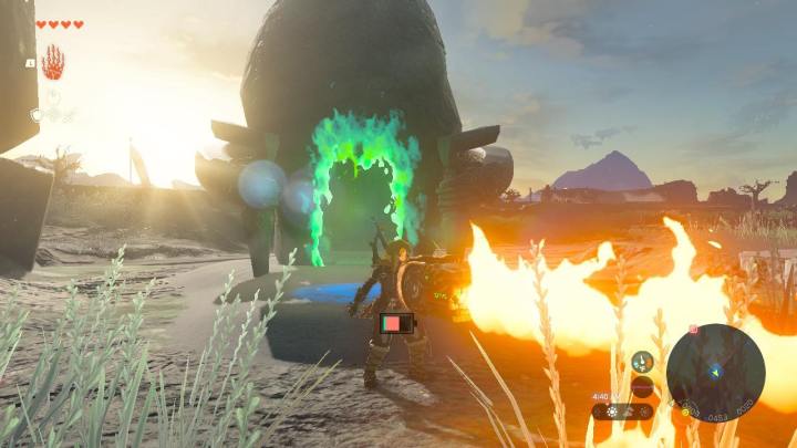 Link feuert in The Legend of Zelda: Tears of the Kingdom eine Flamme von seinem Schild ab.