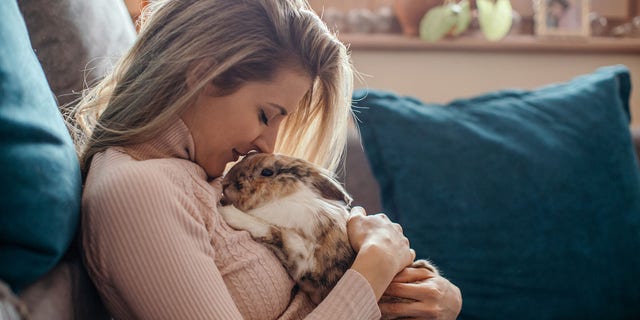 Frau hält Kaninchen