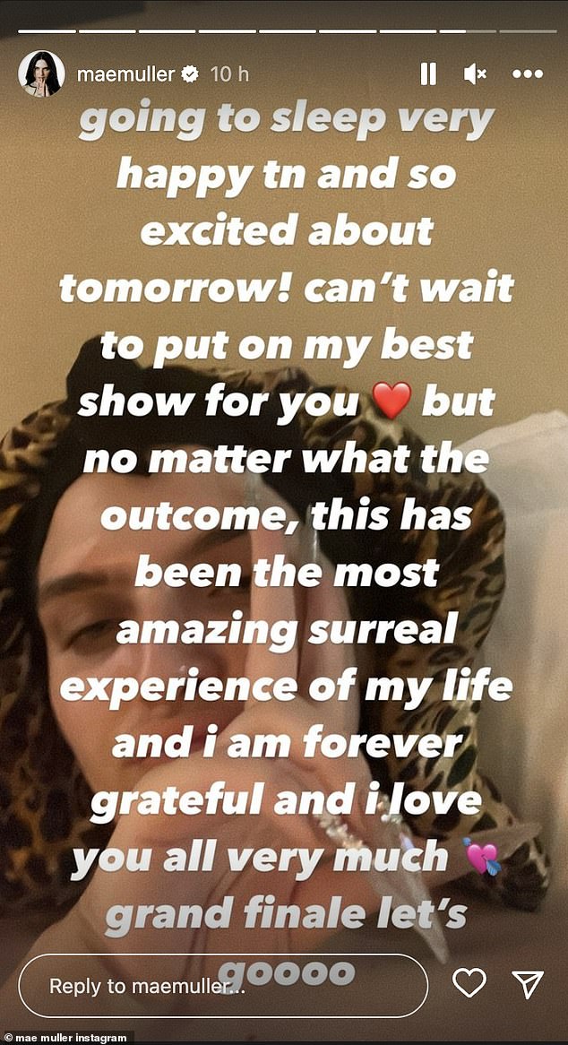 Happy: She also shared another snap with a leopard-print shower cap on doing the peace sign and wrote: 'Going to sleep very happy tn and so excited about tomorrow! can't wait to put on my best show for you'