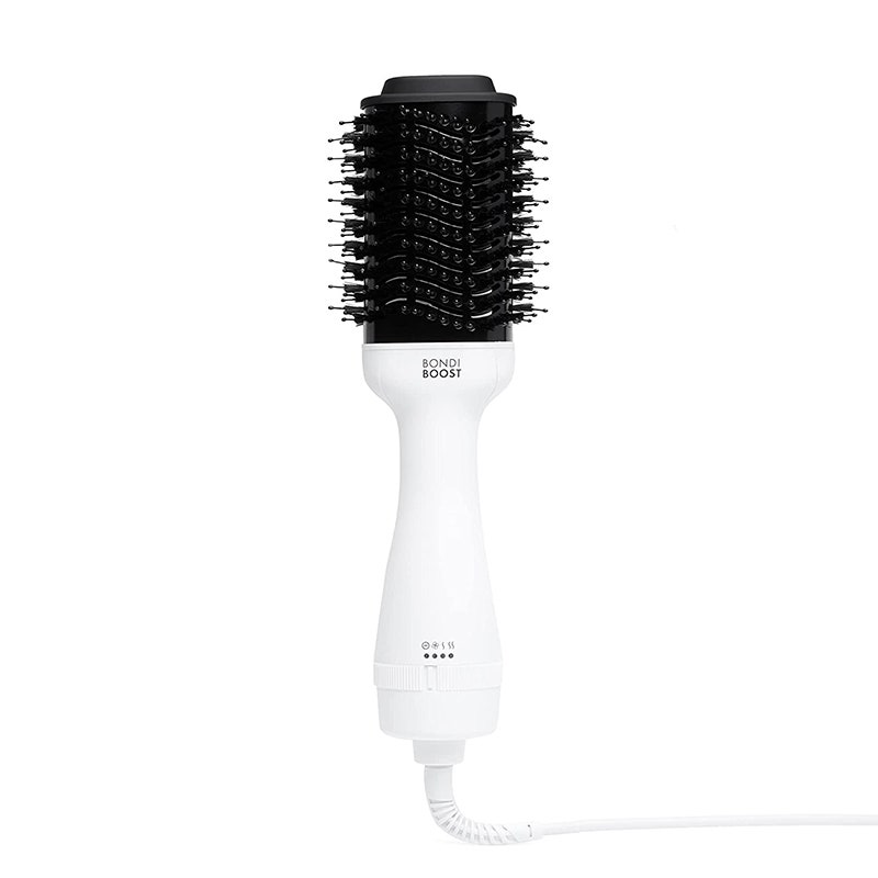 The black and white Bondi Boost Blowout Brush Pro hair dryer brush on a white background