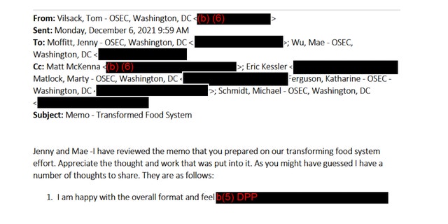 Vilsack gibt einen Kommentar zu einem internen Memo ab "Ernährungssysteme verändern" in einer E-Mail, in der Kessler kopiert wird.