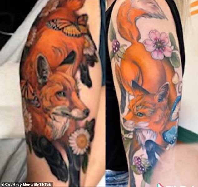 Sie wollte auf ihrem Arm ein Tattoo mit einem Fuchs, der von Blättern und Blumen umgeben ist (siehe oben), aber was sie bekam, war eine grobe Zeichnung, die ihrer Meinung nach überhaupt nicht so aussah, wie sie es wollte