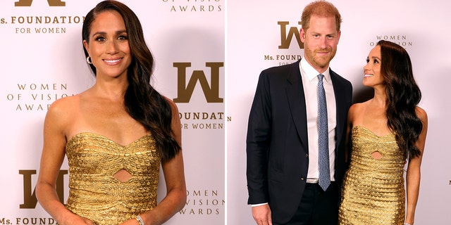 Meghan Markle trägt bei der Gala neben Prinz Harry ein enges goldenes Kleid mit Schlüssellochausschnitt