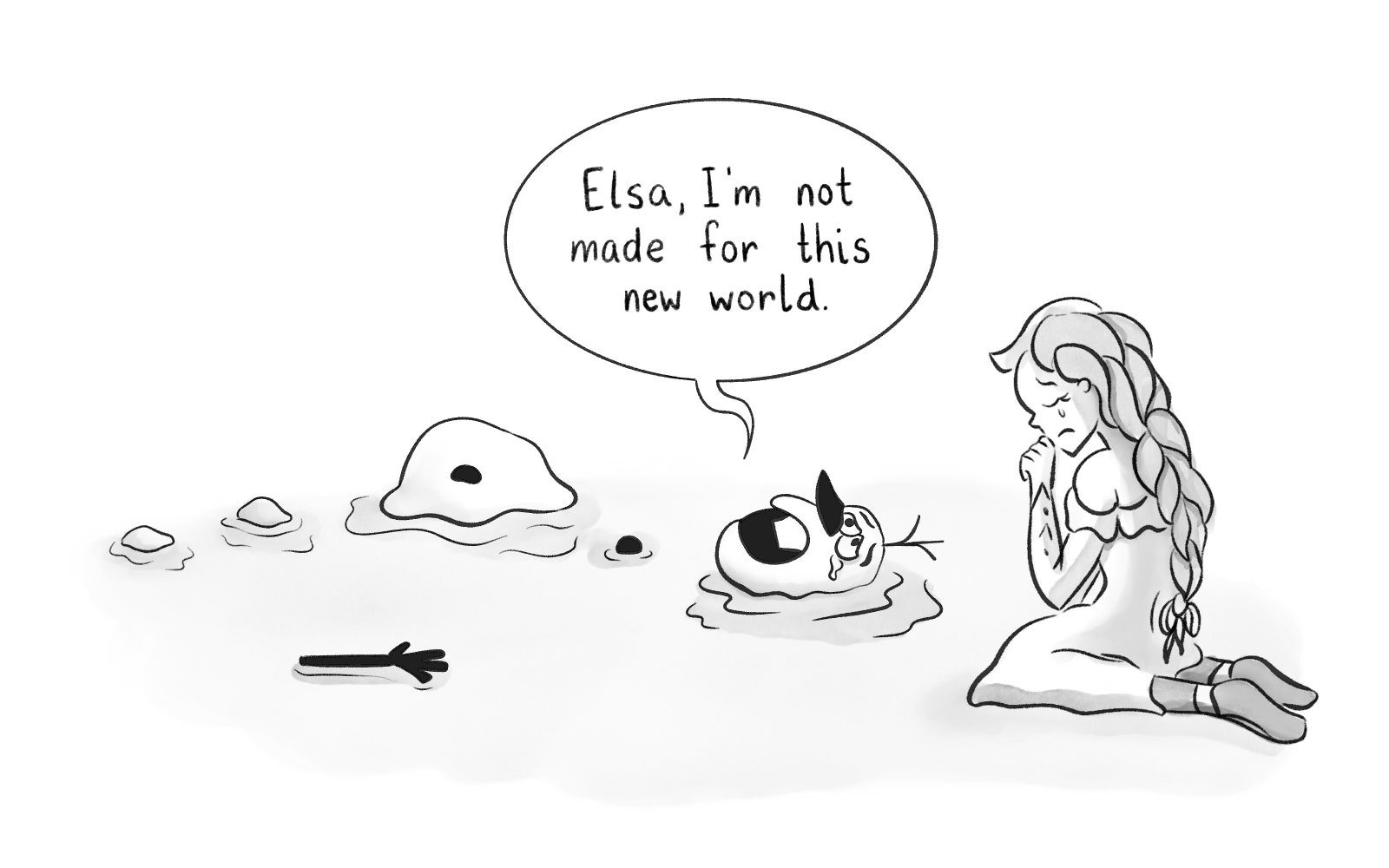 Elsa spricht mit einem geschmolzenen Olaf.