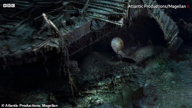 Bilder zeigen rostige Stalaktiten am Bug des Schiffes, die Seriennummer auf einem Propeller und ein Loch über der Stelle, an der einst die große Treppe stand