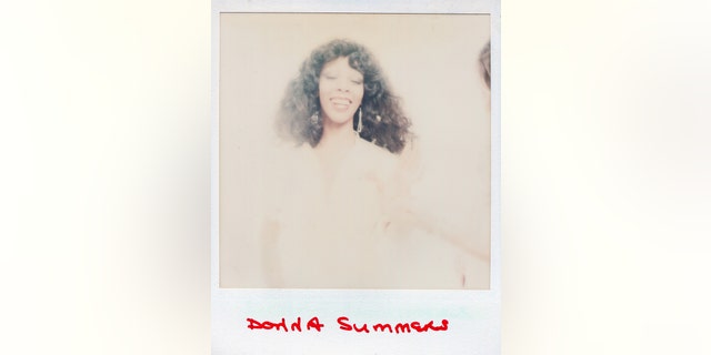 Ein Polaroid von Donna Summer, die vor einem verschwommenen Hintergrund lächelt