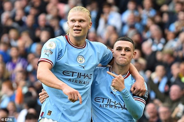 Erling Haaland (left) and Phil Foden both scored hat-tricks as Manchester City dominated Manchester United