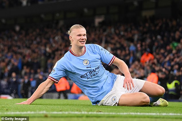 Haaland celebrates his goal that helped take City back to the top of the Premier League table above Arsenal by a point