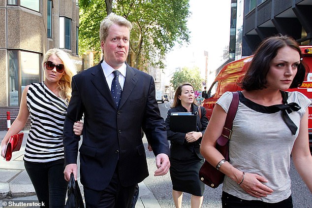Charles is pictured leaving his divorce hearing from Caroline with his daughter Kitty (left) and Lady Bianca Eliot (right)