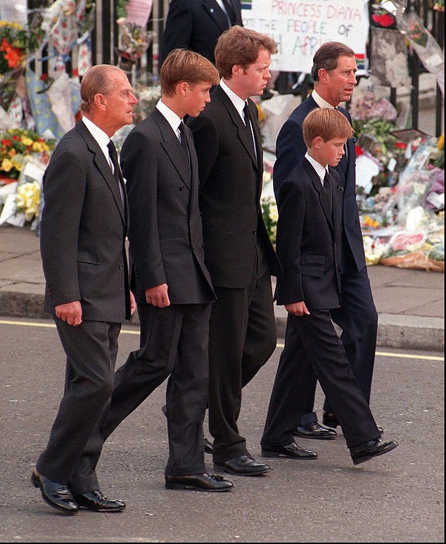 He walked behind the carriage carrying Diana's casket alongside Prince Philip, Prince William, Prince Harry and Prince Charles