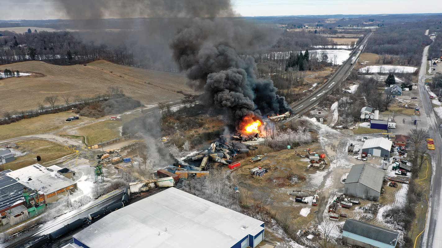 A drone photo taken on February 3 shows the extent of the East Palestine wreck—with portions of the train still on fire