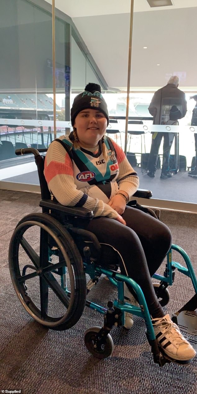 Four years on Lily is now a normal 'cheeky' teenager - who is now able to attend school part-time - but she still has no use of her left arm, and has some issues with speech (she is pictured after her stroke attending her first football game to support Port Adelaide). Mum Melissa has credited the club for helping her recovery