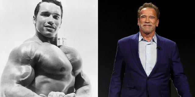 Ein geteiltes Bild mit einem Foto von Arnold Schwarzenegger in seiner Bodybuilding-Zeit und einem aktuellen Foto von ihm.