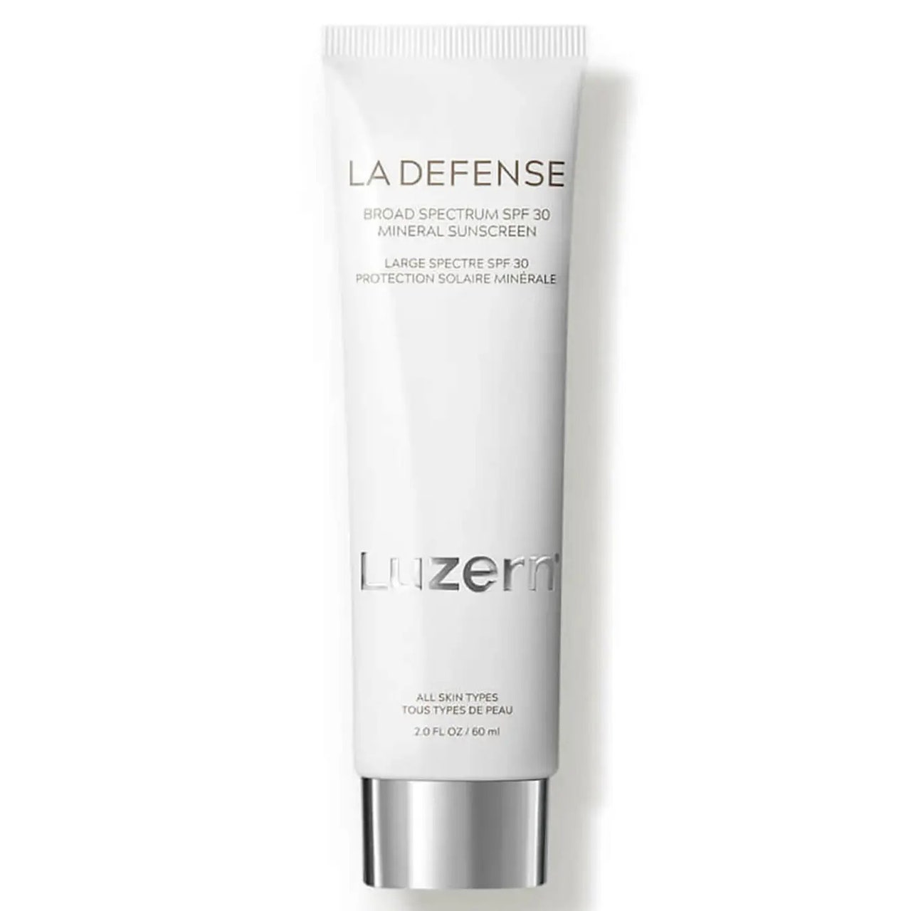Luzern La Defense Mineral Sunscreen SPF 30, weiße Tube mit silberner Kappe auf weißem Hintergrund