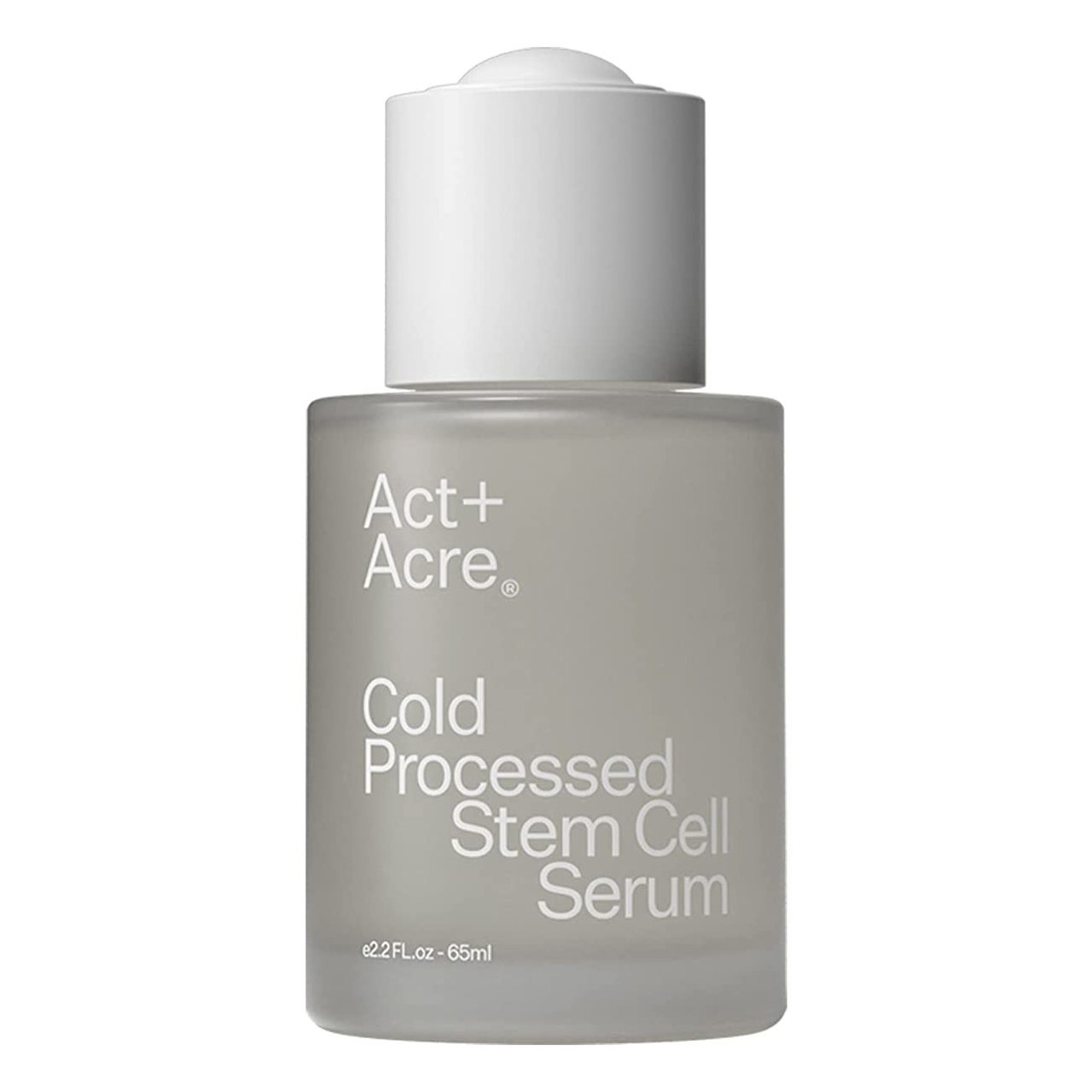 Act + Acre Cold Processed Stem Cell Serum trübe graue Serumflasche mit weißem Verschluss auf weißem Hintergrund