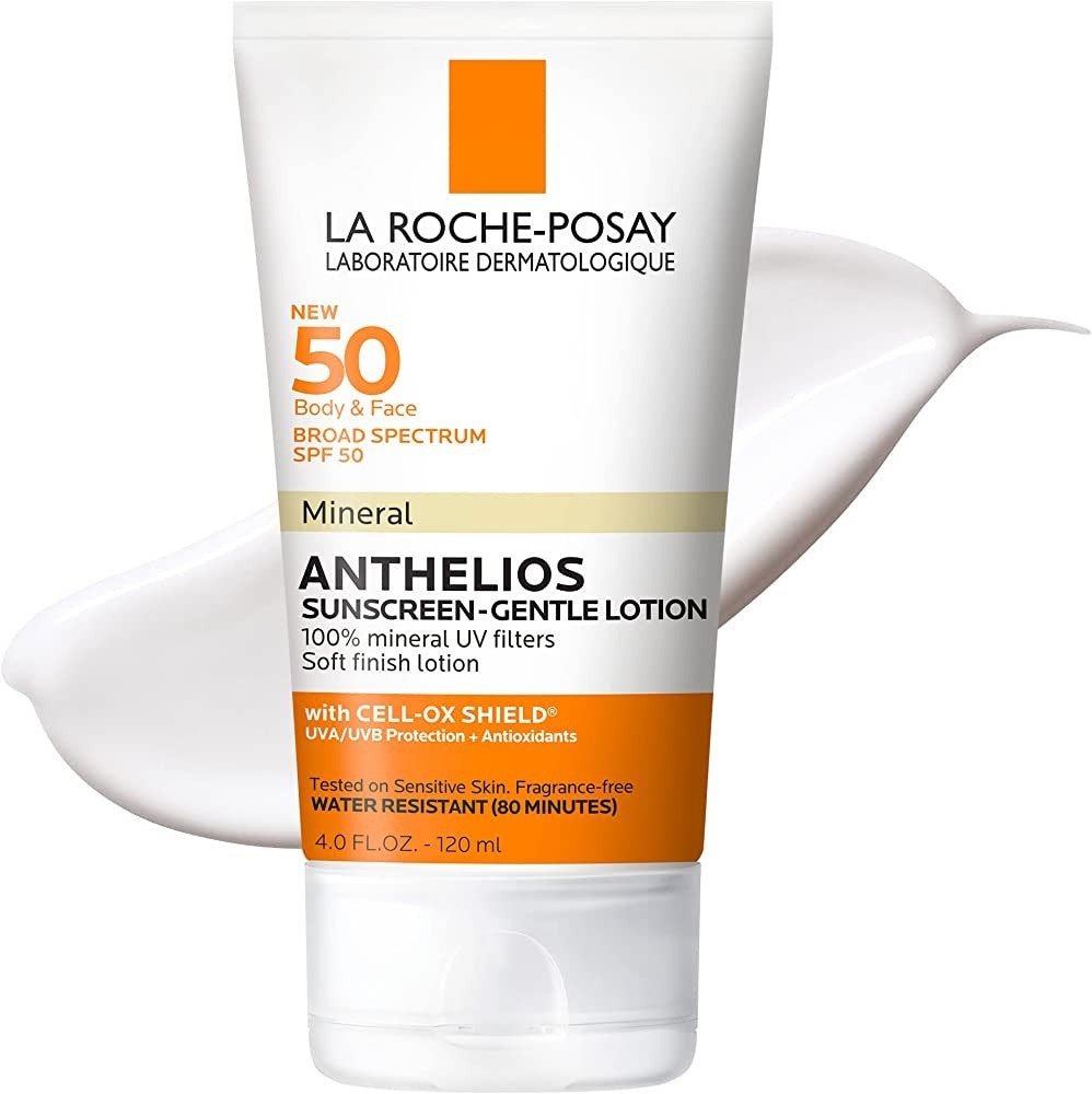 La Roche-Posay Anthelios SPF 50 Gentle Mineral Sunscreen Lotion weiße Tube Sonnenschutz auf weißem Hintergrund
