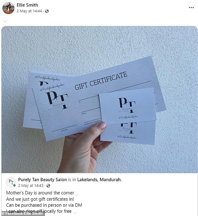 In den sozialen Medien geteilte Beiträge zeigen, wie Ellie ihre Follower dazu auffordert, vor dem Muttertag in ihrem Salon Geschenkkarten zu markieren und Geschenkkarten zu kaufen
