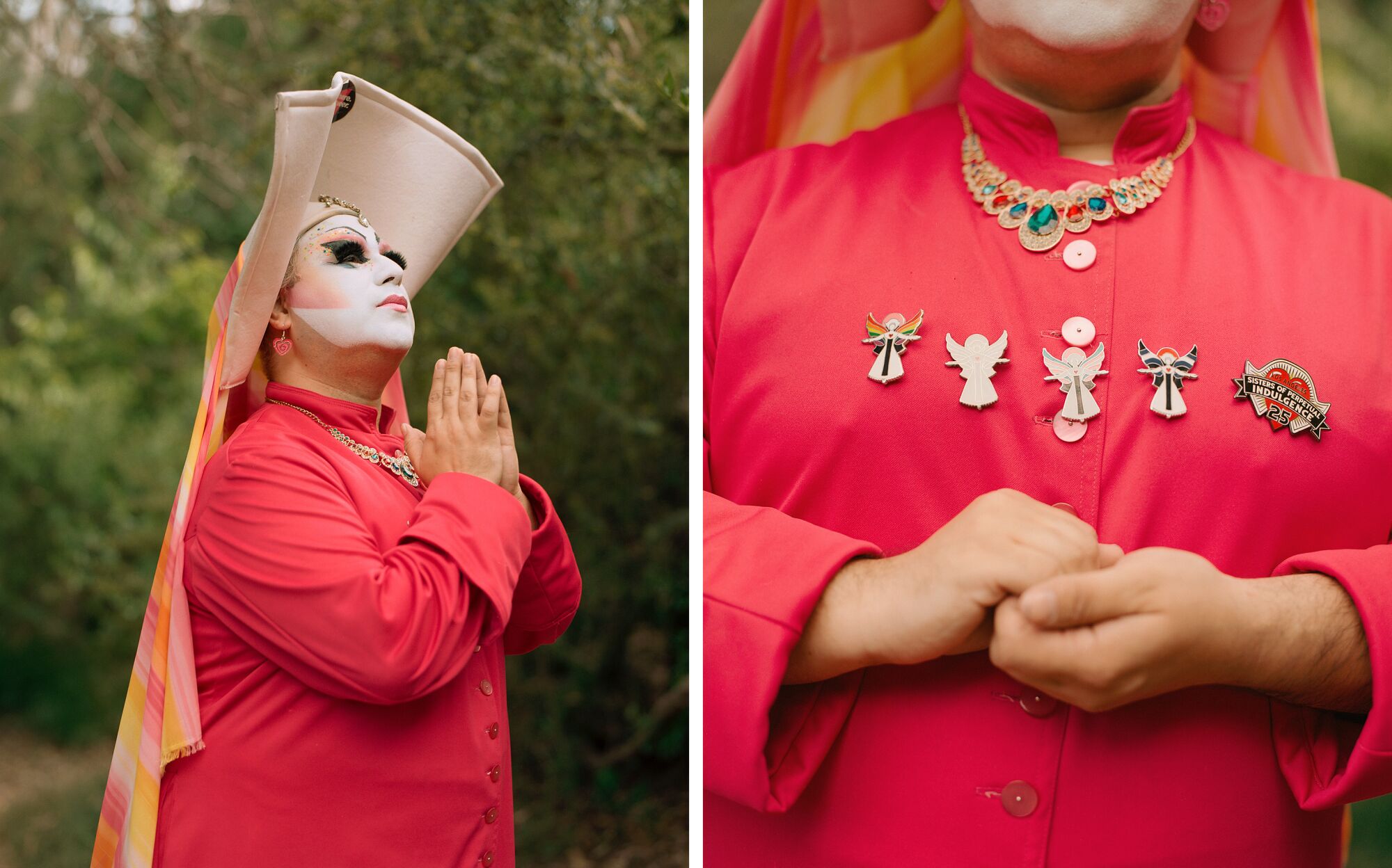 Nebeneinander liegende Fotos einer Drag-Nonne in Rot mit zum Gebet gefalteten Händen und einer Nahaufnahme von Broschen auf der Brust der Nonne.