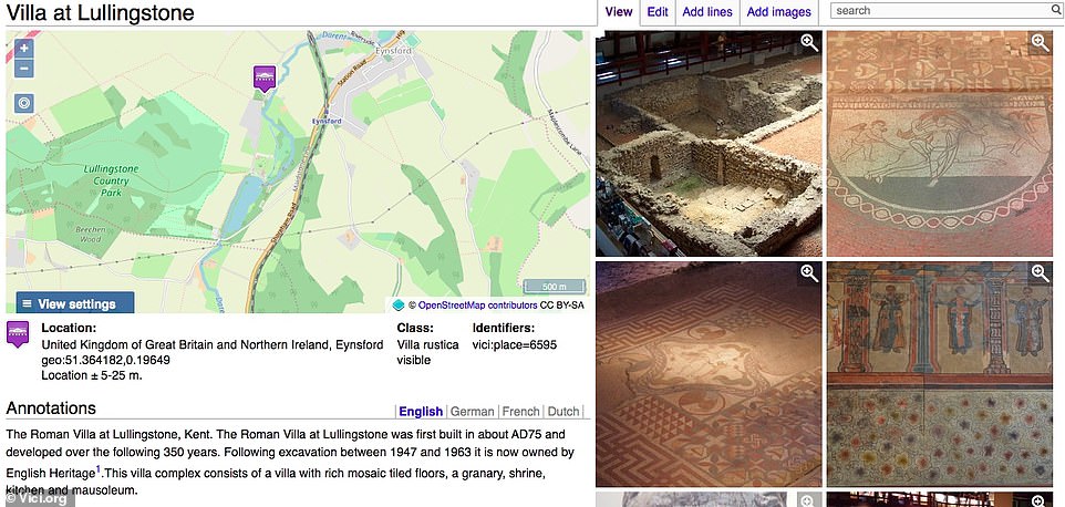 Oben finden Sie die Informationen zur römischen Villa in Lullingstone, Kent.  Um das Auffinden zu erleichtern, sind die genauen Koordinaten jedes Standorts angegeben