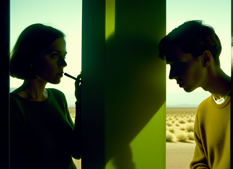 Ein KI-generiertes Bild von zwei Menschen, die nebeneinander stehen, aus dem Film „Thank You for Not...“ des Künstlers Paul Trillo.