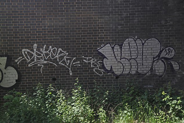 Graffiti auf einer Brücke in der Nähe von Smethwick, einer Industriestadt in Sandwell, West Midlands